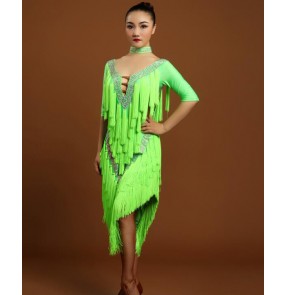 Neon green fringes backless women's ladies female competition rhinestones performance professional  v neck latin dance samba salsa cha cha dresses outfits 